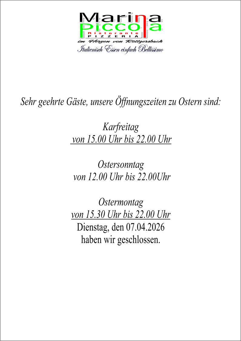 Ostern 2026 Öffnungszeiten